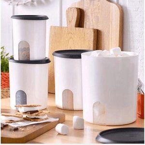 NEW TUPPERWARE ONE TOUCH REMINDER CANISTER CANISTERS SET OF 4 w BLACK SEALS